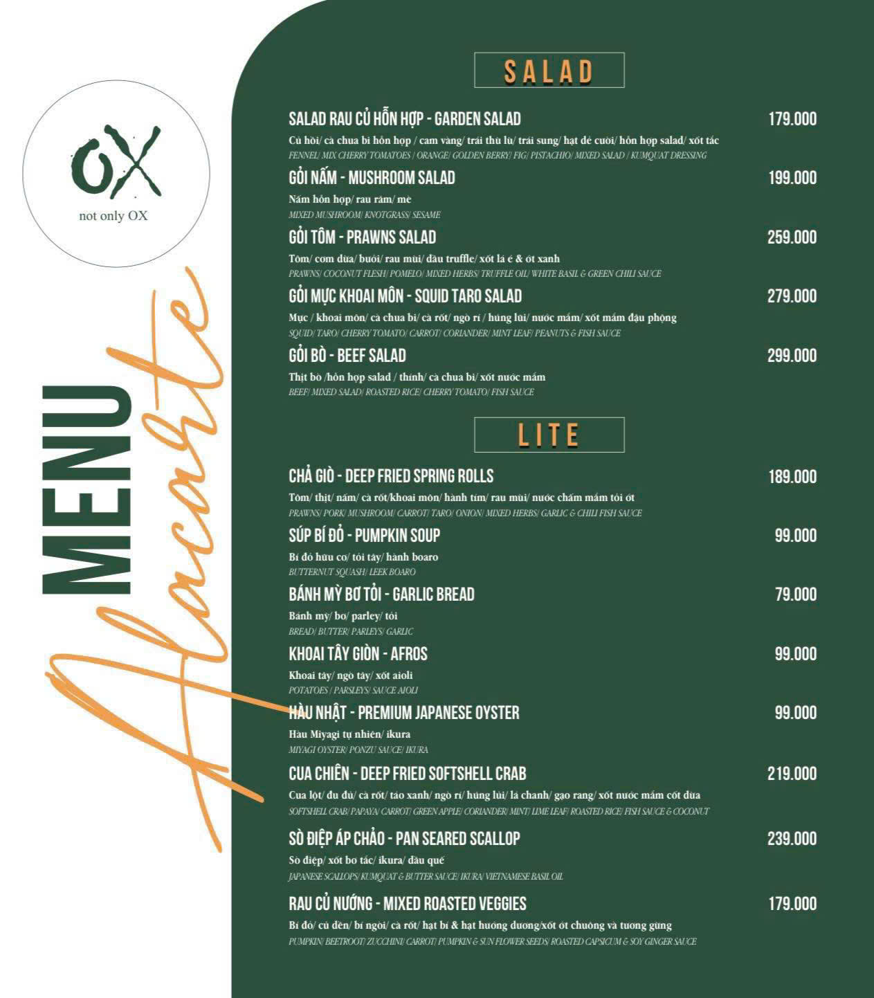 Salads & light beginnings — The OX menu