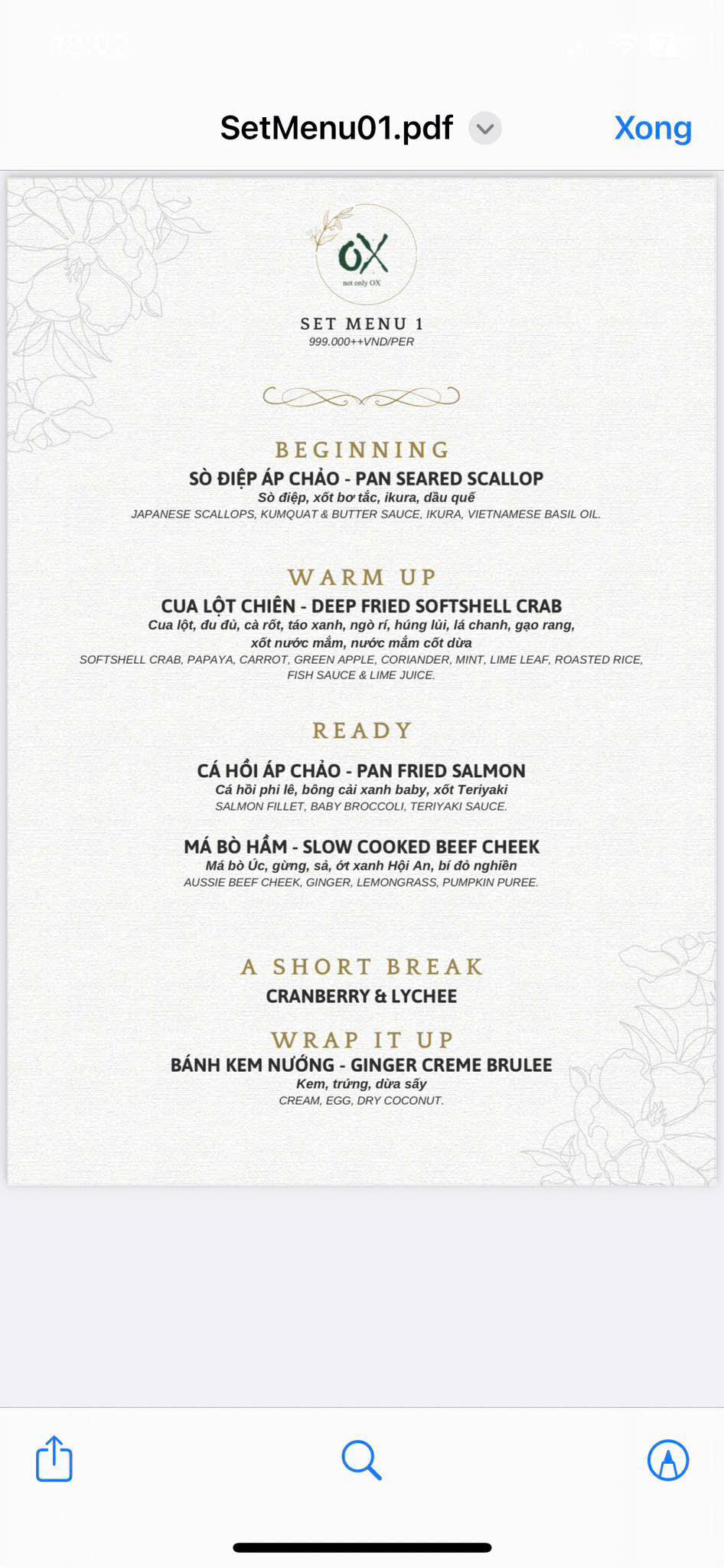Set menu 01 — The OX menu